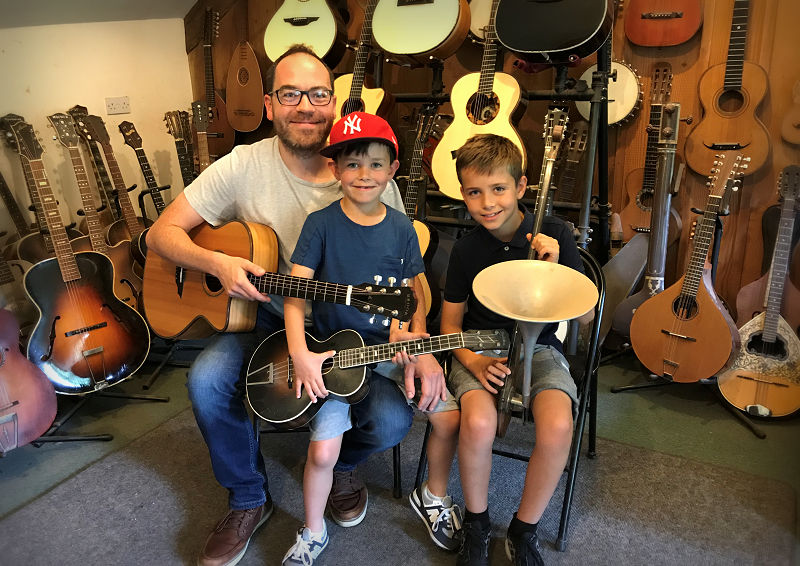 Rhyd and his lads in the Brook Guitars workshop